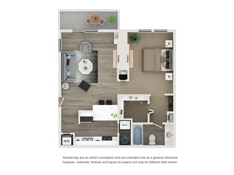 Floor plan for 1 bed, 1 bath, 700 sqft